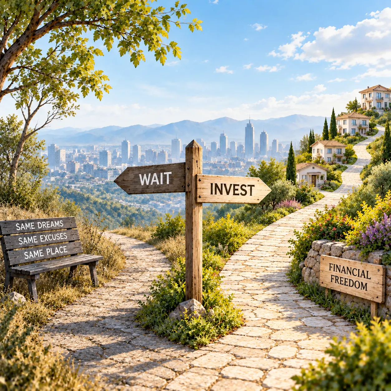 A scenic path with a signpost pointing toward Invest and Financial Freedom, away from Wait and Same Dreams Same Excuses Same Place